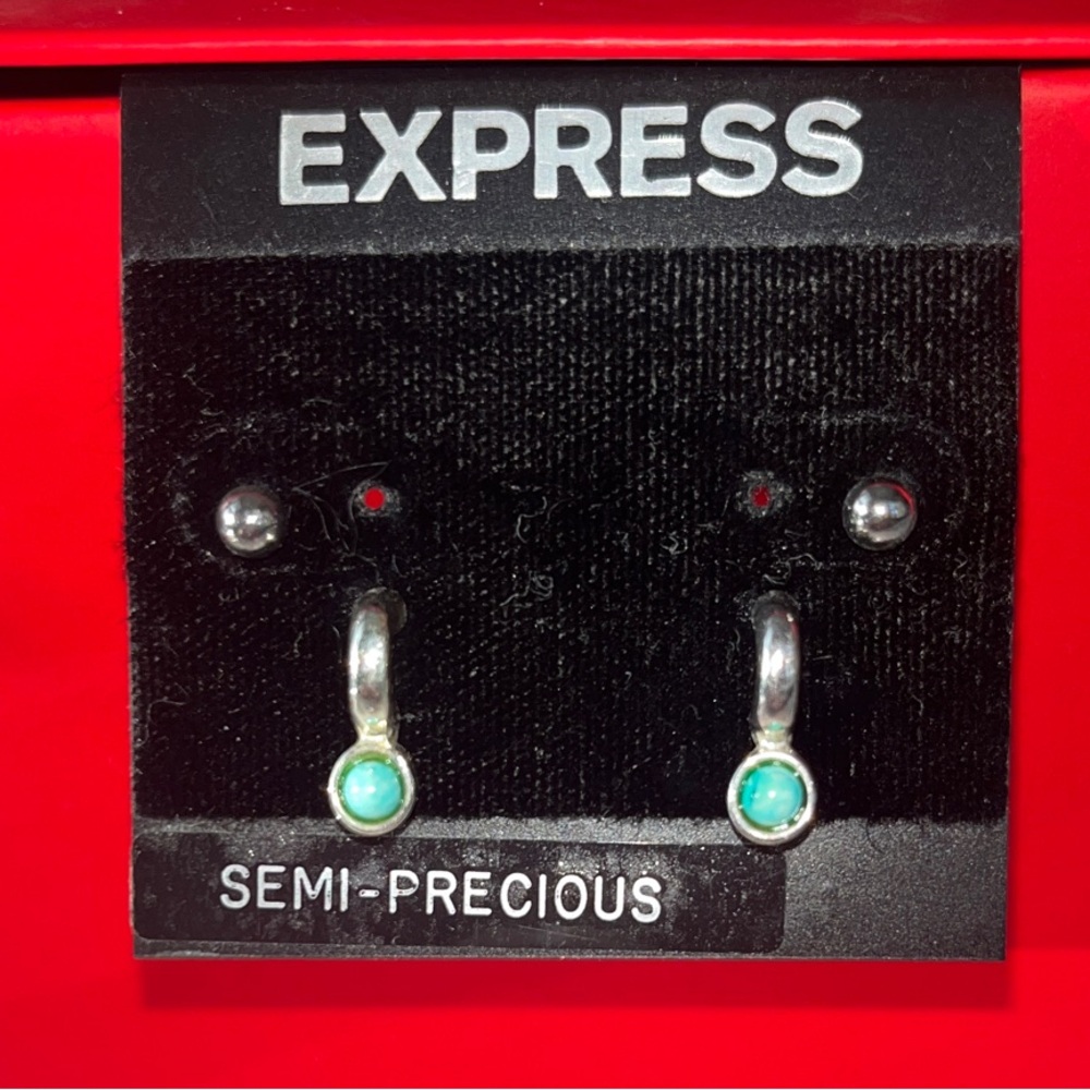 Express Semi Precious Turquoise Stone Silver Earring Set, Surgical Steel